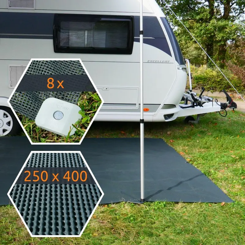 Outdoor soft tent carpet your GEAR 250 x 400 cm shown in front of a caravan, with close-ups highlighting its textured mesh surface and included pegs, ideal for keeping the area clean and comfortable.