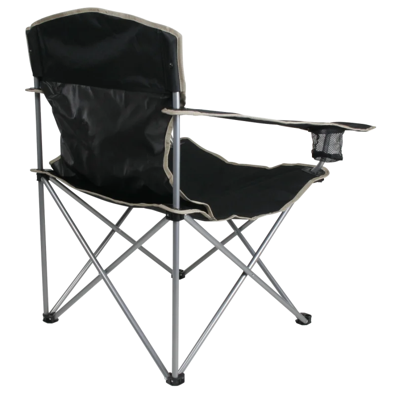 Campingstuhl 10T Quickfold Easy, schwarz, klappbar mit silbernem Gestell, Armlehnen und integriertem Getränkehalter aus Netzstoff, belastbar bis 120 kg, ideal für Outdoor, Camping und Angeln.