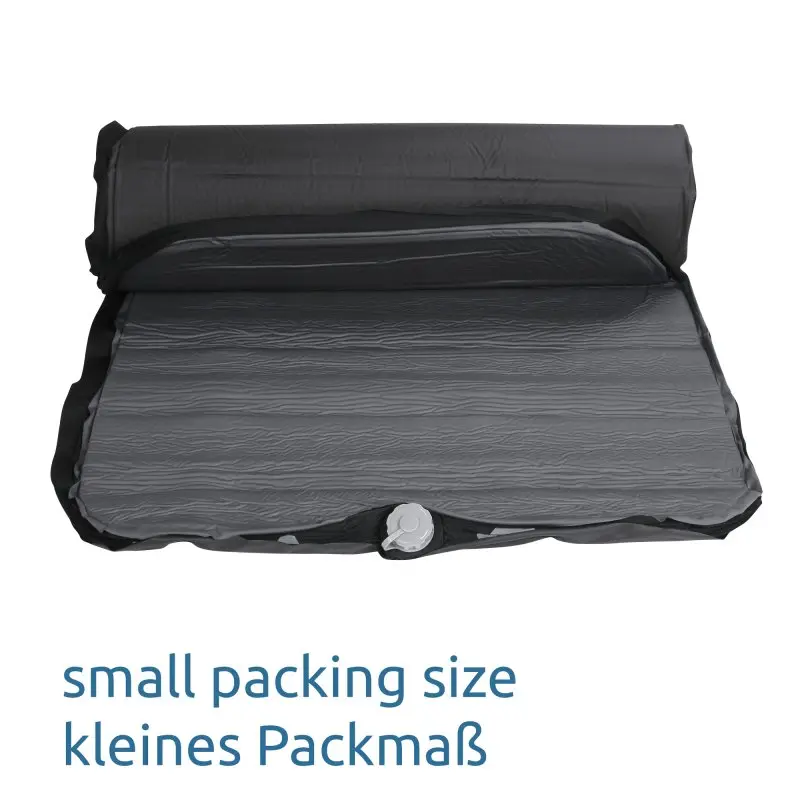 Selbstaufblasende your GEAR ISO 3D Isomatte, 200x73x10 cm, grau, teilweise zusammengerollt mit sichtbarem Ventil. Text: „small packing size, kleines Packmaß“. Ideal für Camping und Outdoor.