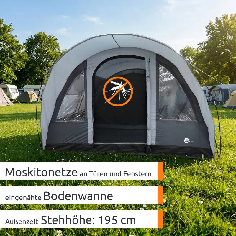 Tente familiale your GEAR Bora pour 5 personnes, tunnel gris avec grandes fenêtres transparentes, moustiquaires aux portes, bac de sol intégré, auvent et hauteur debout 195 cm, installée sur herbe dans un camping ensoleillé.