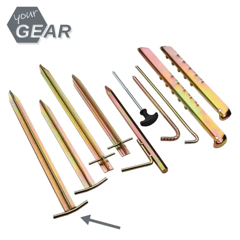 Set di 8 picchetti your GEAR TT 400 in acciaio, profilo a T, dimensioni 400 x 80/25 x 20 mm, robusti e resistenti, ideali per tende da campeggio, visibili diversi modelli di ancoraggi metallici.