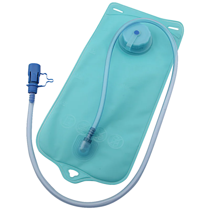 Trekmates Tanker 1.2L hydration bladder in turquoise, with large screw cap, long drinking tube, blue bite valve with protective cap, designed for backpacks, leak-proof and made from medical-grade silicone and polyurethane.