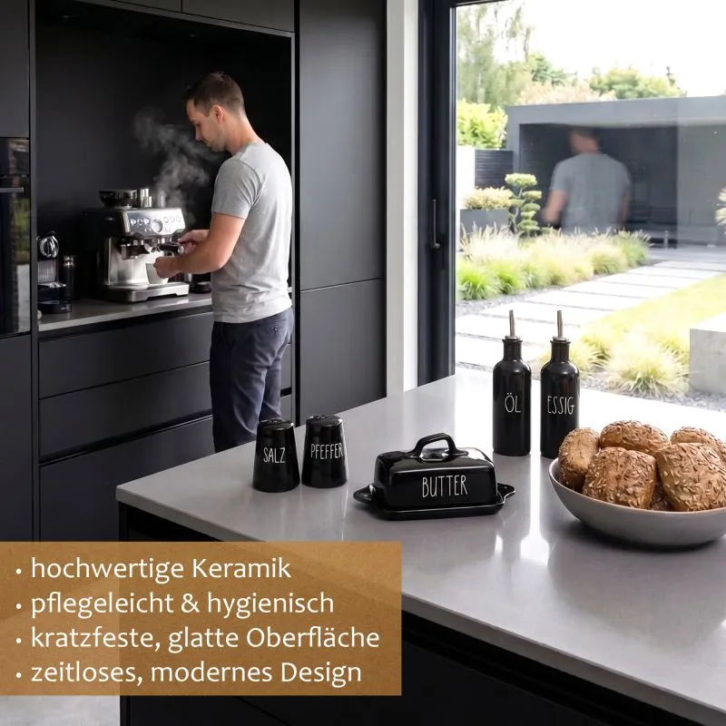 PURWERK Essig und Öl Set Schwarz Keramik mit Ausgießer – Hammerschlag-Design