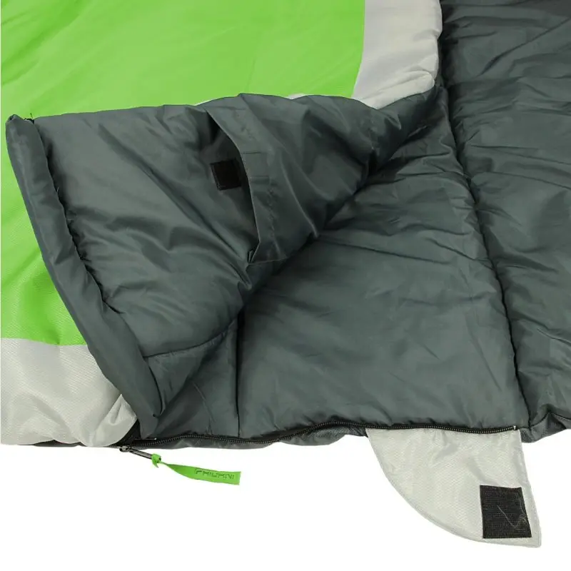 Sacco a pelo verde e grigio aperto, con chiusura a zip e velcro visibile.