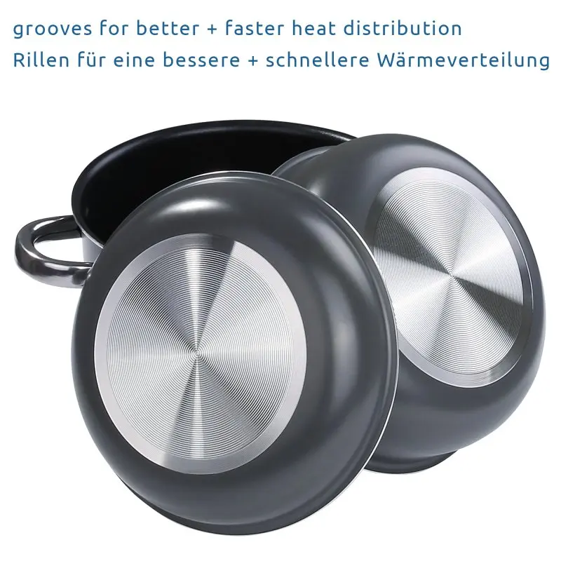 Zwei antihaftbeschichtete Aluminiumtöpfe des your GEAR Ranger Family Camping Kochsets mit gerilltem Boden für bessere und schnellere Wärmeverteilung, geeignet für bis zu 6 Personen, Outdoor-Einsatz.