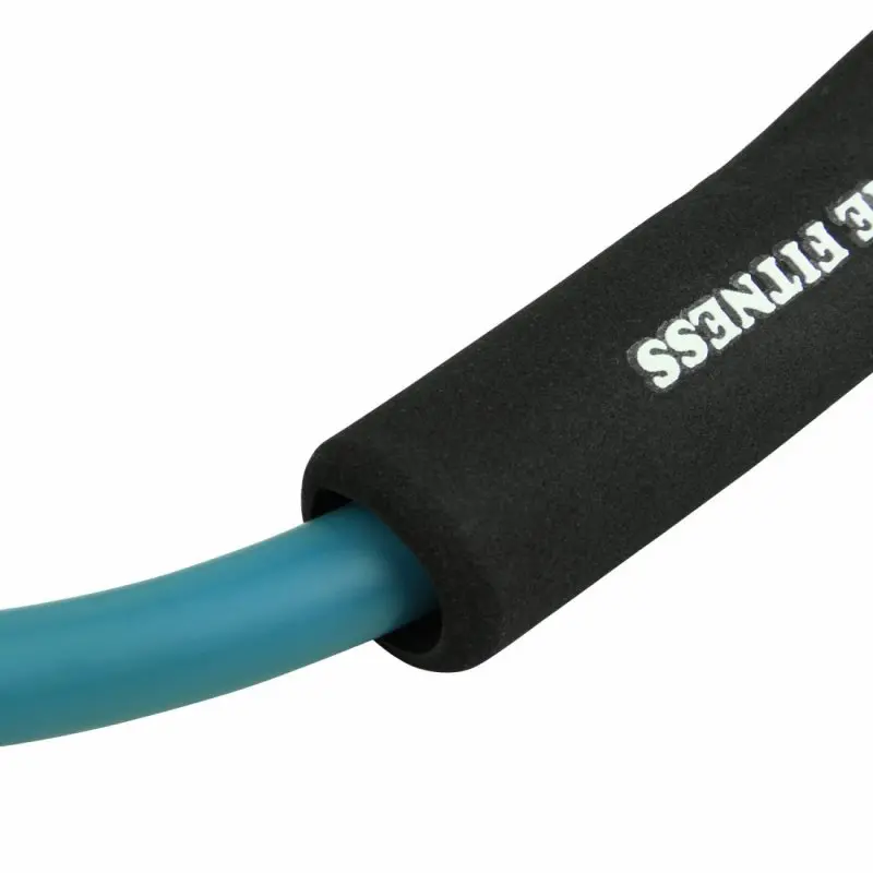 Blue Carnegie O Loop Ring fitness resistance band with black foam handle, ideal for home workouts, yoga, and Pilates. Visible white "FITNESS" print on the handle. Durable and ergonomic design for versatile exercises.