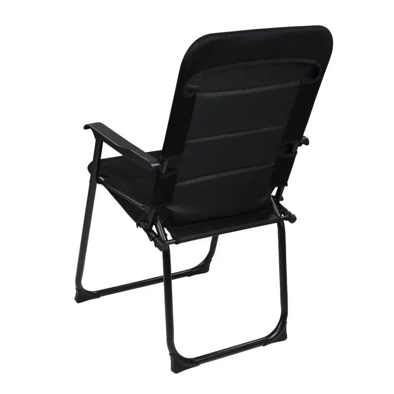 your GEAR Lipari 3D Mesh camping chair, shown from the back, features a padded seat and backrest with 3D mesh cover, black aluminum frame, armrests, and foldable design for quick drying and portability.