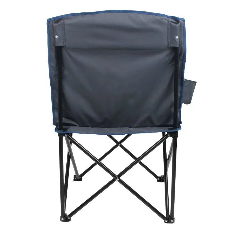 Sedia da campeggio yourGEAR Bari XXL vista da dietro, struttura pieghevole in metallo nero incrociato, schienale largo in tessuto blu scuro, con portabicchieri laterale integrato.