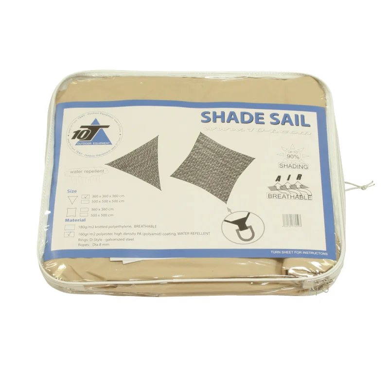 Voile d'ombrage triangulaire 10T Wilson 3,6 m, beige, en polyester, livré dans une housse transparente avec notice, protection UV 80+, imperméable, pour jardin, terrasse, camping, avec cordes et anneaux.