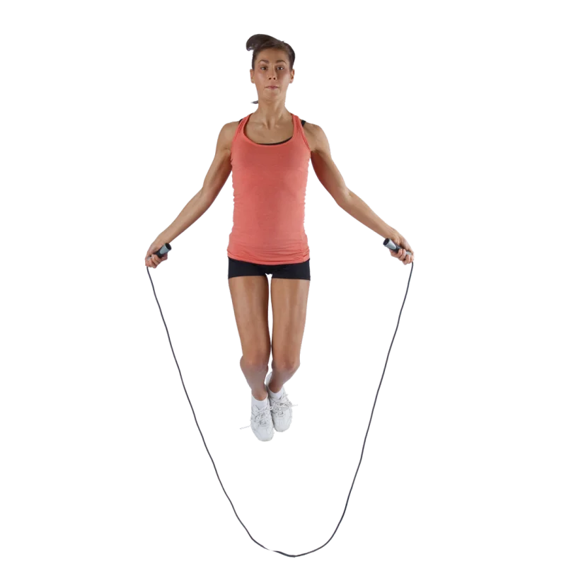 Woman using Spirit Speed Rope fitness skipping rope, mid-jump, wearing athletic outfit. Ideal for daily workout, boxing, coordination, and endurance training. Black rope with ergonomic handles, isolated on white background.