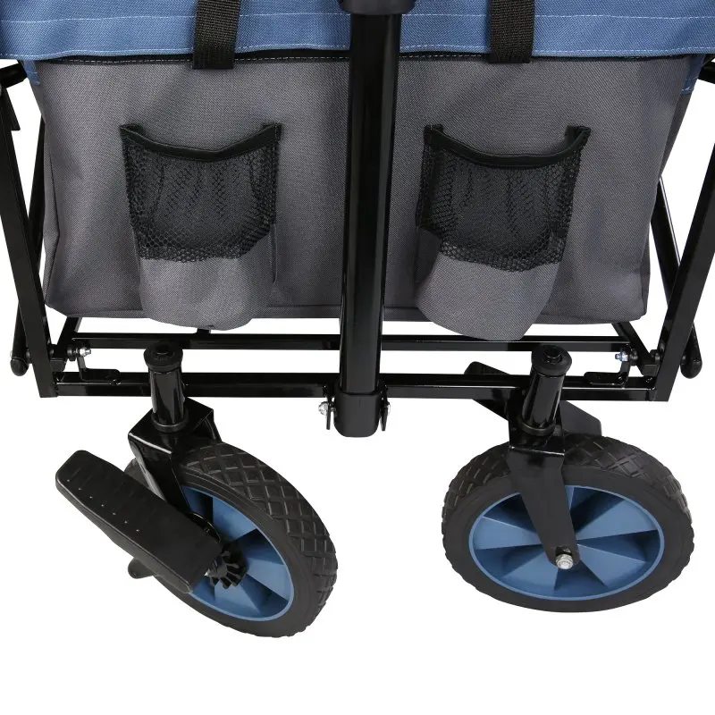 Detailansicht des your GEAR Trolley Cirrus XL Bollerwagen: Zwei große Vollgummireifen mit Feststellbremse, stabile Rahmenkonstruktion, zwei Netztaschen an der Außenseite, robuste Verarbeitung.