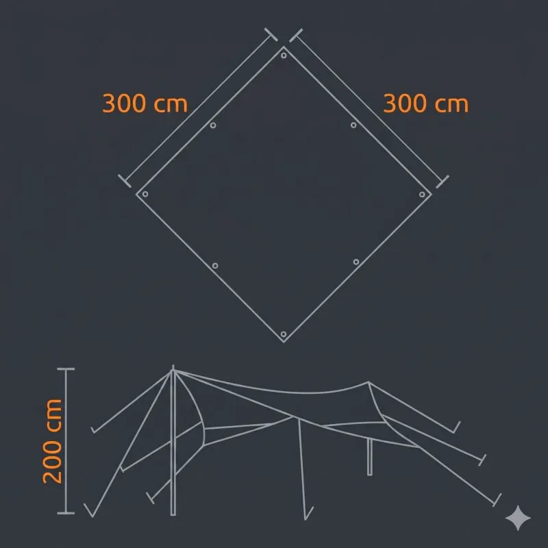 Schéma du tarp carré your GEAR Atrani 3x3 m gris-beige, dimensions 300×300 cm, œillets aux coins, deux mâts de maintien et hauteur 200 cm indiquée, tissu imperméable et protection solaire SPF50+.
