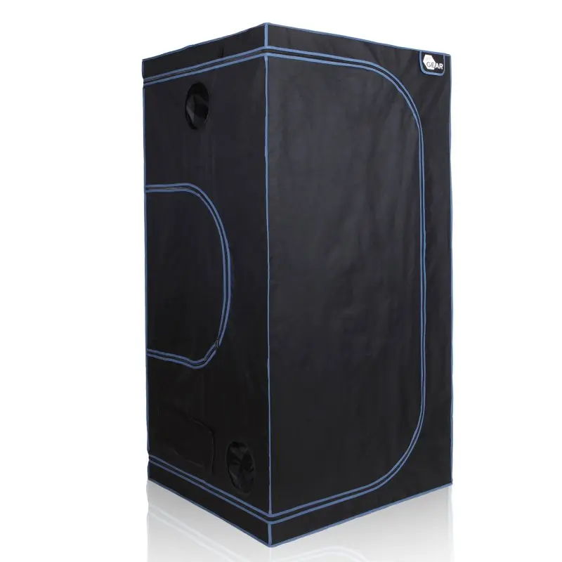Growzelt yourGEAR Plantsville 100x100x200 cm, schwarzes Indoor Zuchtzelt mit blauen Nähten, seitlichen Belüftungsöffnungen und Logo oben, ideal für Pflanzenanzucht und Indoor-Gewächshaus.