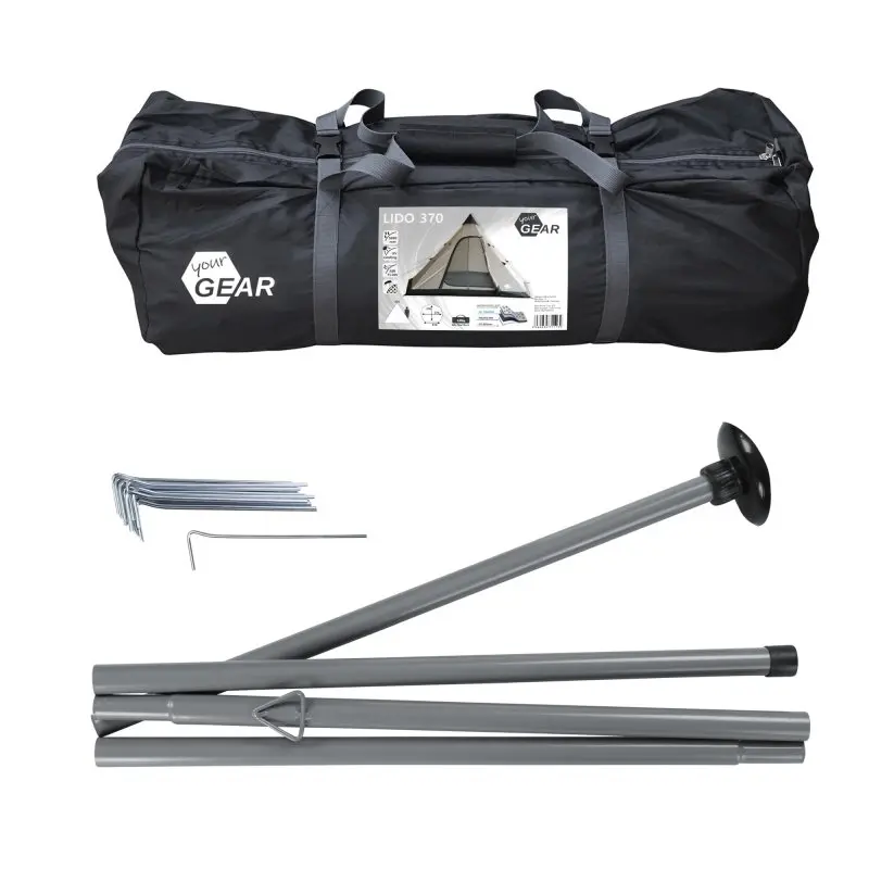 Sac de transport noir your GEAR pour tente Lido 370, avec piquets et arceaux métalliques, adapté pour 4 personnes, tipi pyramidal, mentionné comme imperméable et avec protection anti-insectes.