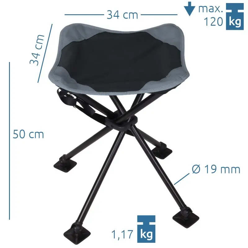 Sturdy your GEAR camping stool Sesto with four legs, large square seat (34x34 cm), 50 cm height, wide foot pads, supports up to 120 kg, weighs 1.17 kg, black/grey design, 19 mm diameter legs.
