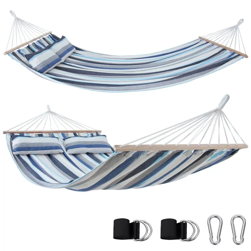 Hamac yourGEAR Kauai Aqua 240x160 cm en coton à rayures bleues, pour 2 personnes, avec deux coussins, barres en bois et kit de fixation inclus, capacité 300 kg, vue de face et accessoires visibles.