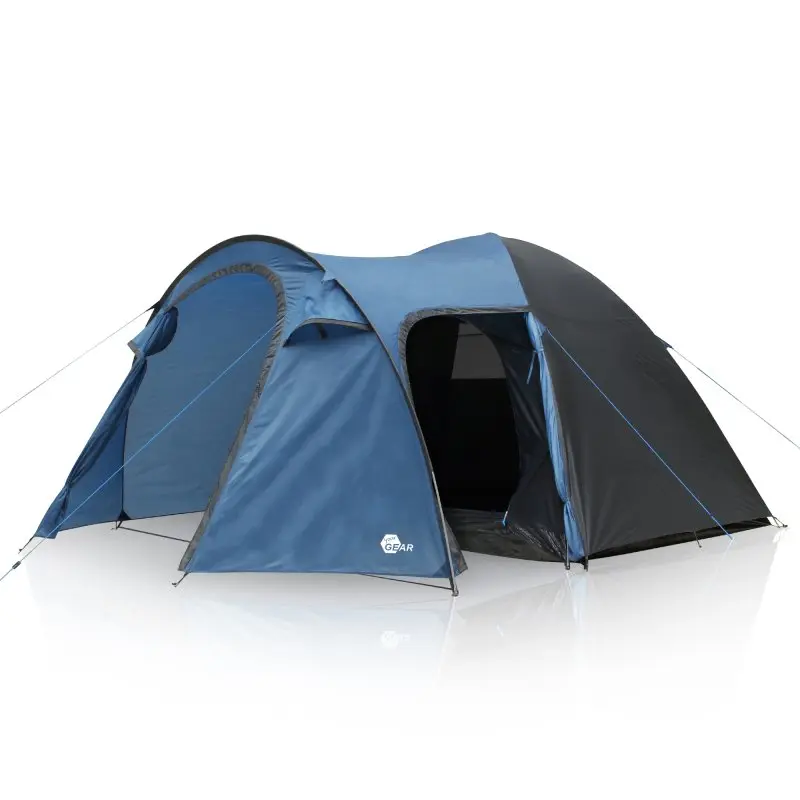 Tente dôme your GEAR Cetona 4 personnes, bleu et gris, avec grand auvent, entrée latérale, hauteur debout, deux portes, adaptée au camping familial. Résistance à l’eau 3000 mm, espace séjour spacieux.