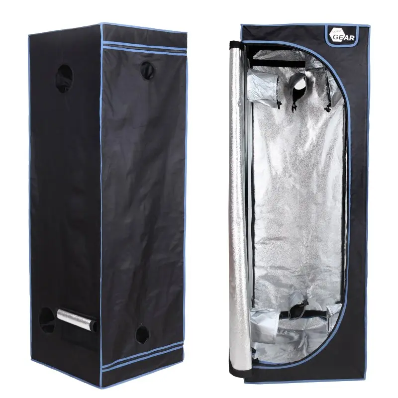 Growzelt yourGEAR Plantsville 60x60x180 cm, schwarzes Indoor Zuchtzelt mit blauen Nähten, runder Belüftungsöffnung und reflektierender silberner Innenbeschichtung, ideal für Pflanzenanzucht und Indoor-Gewächshaus.