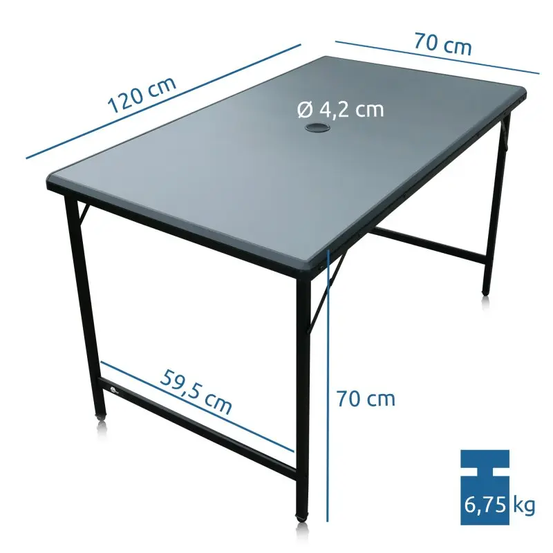 Table de camping pliable your GEAR Tivoli XL, 120x70x70 cm, plateau gris en aluminium résistant à l’eau, structure noire, trou central de 4,2 cm, poids 6,75 kg, idéal pour jardin ou voyage.