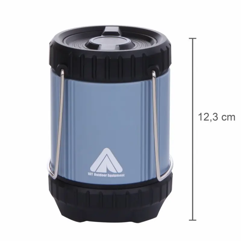 Blue 10T COL 300 collapsible camping lantern with black top and base, metal handles, and 12.3 cm height. Features 300 lumens COB LED, durable ABS body, and 10T Outdoor Equipment logo on the front.