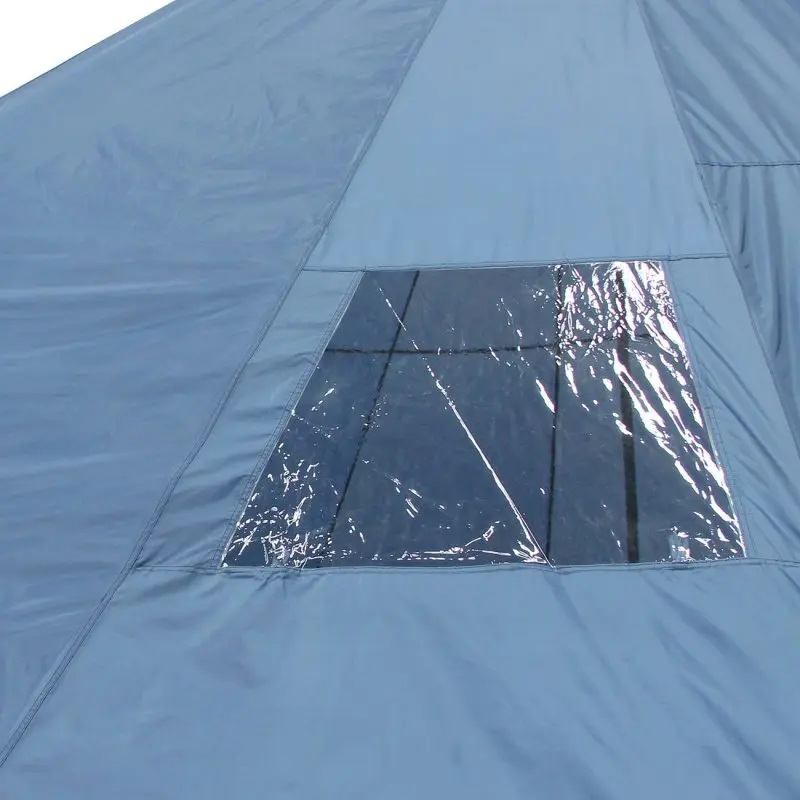 Fenêtre transparente du tipi your GEAR Ravello 500, tente familiale bleue pour 6 à 8 personnes, tissu imperméable, couture robuste et grande surface, idéale pour le camping en groupe ou en famille.