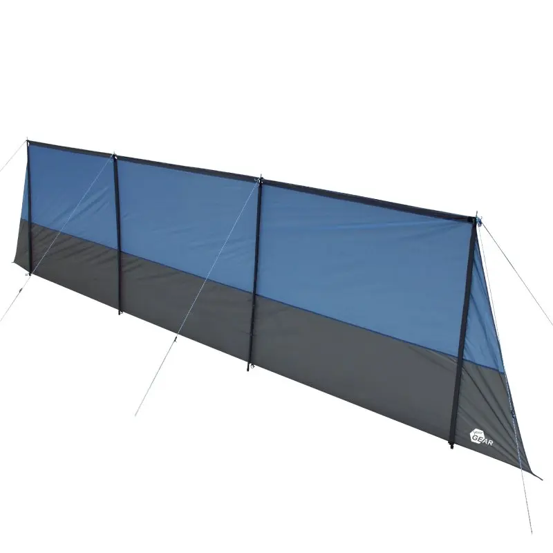 Paravent yourGEAR Levante 600 bleu et gris, 6x1,4 m, avec quatre poteaux verticaux et trois barres transversales, idéal pour plage, camping ou jardin, offrant protection solaire et visuelle.