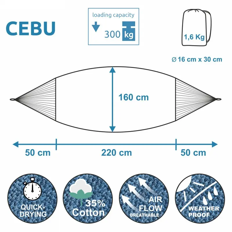 Hamac yourGEAR Cebu Aqua 220x160 cm, capacité 300 kg, coton 35%, séchage rapide, respirant, imperméable, livré avec sac de transport 1,6 kg, dimensions plié 16x30 cm, idéal intérieur et extérieur.