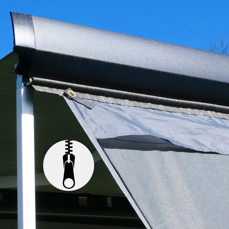 Frontal de toldo your GEAR Sun + Rain Blocker de 3,7 x 2 m para vehículos, doble pared con tejido especial y cubierta impermeable enrollable, protección solar y contra lluvia, icono de cremallera visible.
