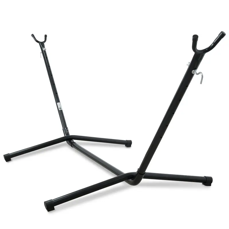 Soporte para hamaca yourGEAR de acero oscuro, resistente al óxido, ajustable para hamacas de 260-350 cm, capacidad hasta 350 kg, diseño robusto con base estable y acabados en plástico para uso interior y exterior.