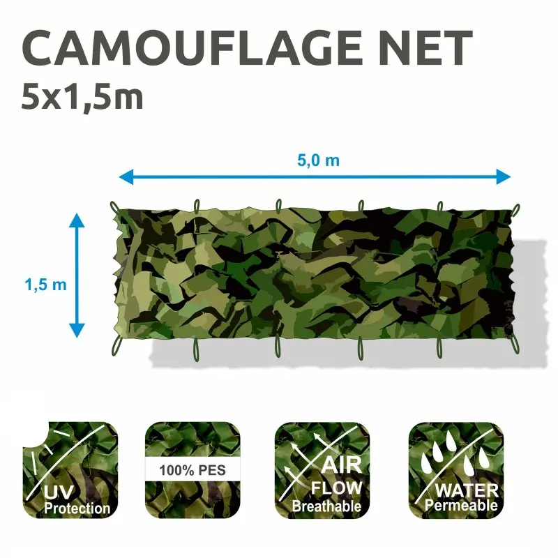 Filet de camouflage yourGEAR 1,5 x 5 m, motif armée, vert, résistant UV, perméable à l’air et à l’eau, 100 % polyester, idéal pour l’extérieur, la chasse, l’ombre ou la décoration de jardin.