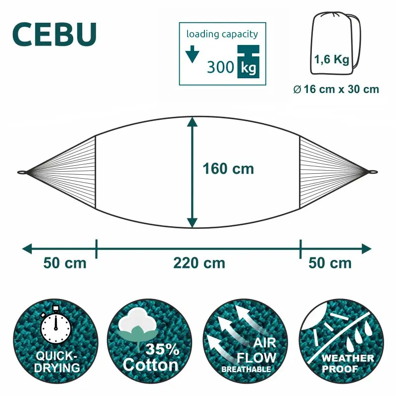 Hamac yourGEAR Cebu Smaragd 220x160 cm, capacité 300 kg, 35% coton, séchage rapide, respirant, résistant aux intempéries, livré avec sac de transport, poids 1,6 kg, dimensions sac 16x30 cm.