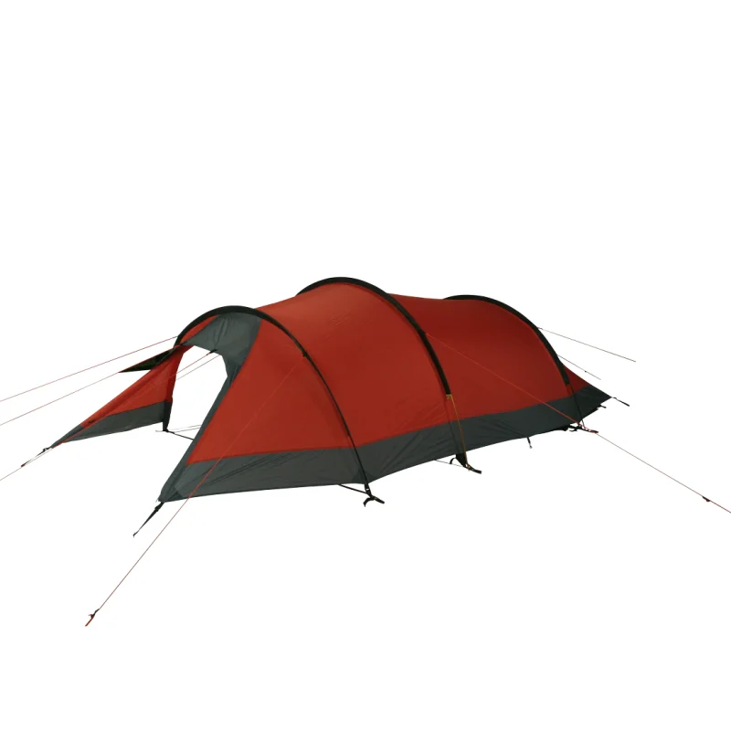 Tente de trekking 10T Silicone Valley 3 personnes, forme tunnel, imperméable 5000mm, couleur rouge et gris, avec cordes de haubanage et abside, idéale pour le camping et les randonnées.