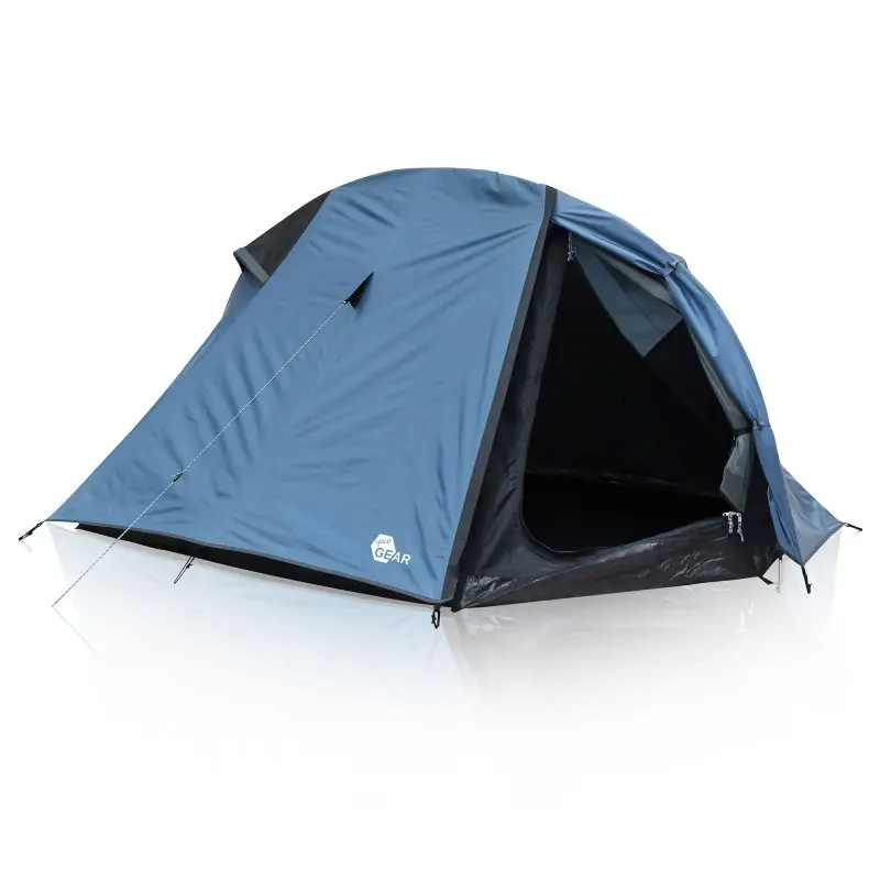 Tente your GEAR ORA 2 personnes, forme dôme, toile bleue avec entrée ouverte, protection UV 50+, imperméable 5000mm, idéale trekking et camping, avec sac de compression visible, vue latérale.