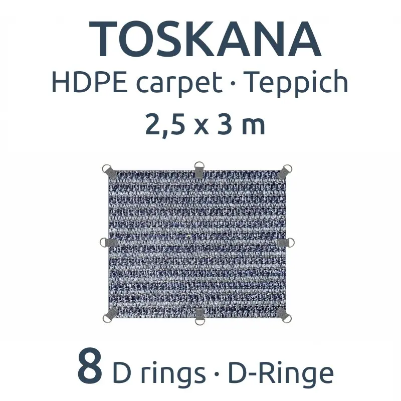 Tapis de tente your GEAR Toskana 250 x 300 cm en HDPE gris-bleu, résistant aux intempéries, avec 8 anneaux en D pour la fixation, surface respirante et facile à nettoyer, idéal pour le camping.