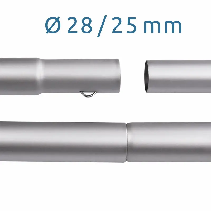 Juego de dos barras de techo telescópicas de aluminio your GEAR, diámetro 28/25 mm, para refuerzo y protección contra tormentas de avancés de caravana. Tubos plateados con mecanismo de ajuste visible.