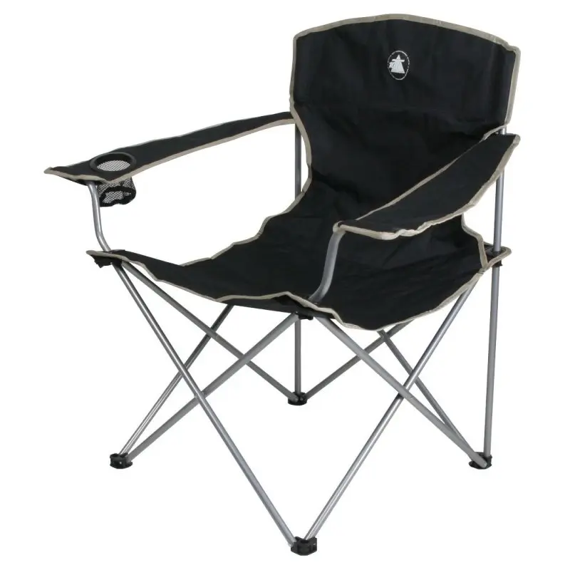 Campingstuhl 10T Quickfold Easy, schwarz, klappbar mit silbernem Gestell, Armlehnen und integriertem Getränkehalter, Outdoor-Stuhl für Camping oder Angeln, belastbar bis 120 kg.