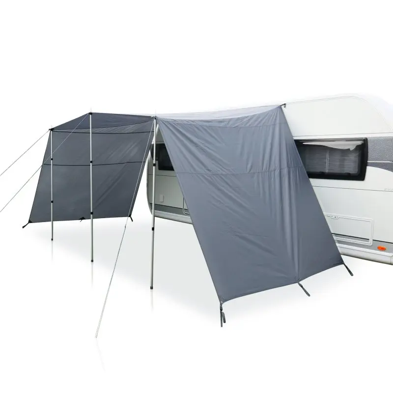 Toldo para caravana your GEAR Teramo 300 gris con paredes laterales, estructura de postes telescópicos de aluminio y protección UV 50+, instalado junto a una caravana como sombra y refugio contra la lluvia.