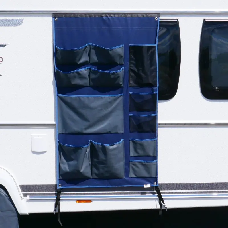 Organisateur your GEAR Caravan de 140 x 85 cm, suspendu sur une caravane, en tissu bleu avec 12 poches de différentes tailles pour le rangement, idéal pour tente, auvent ou camping-car.