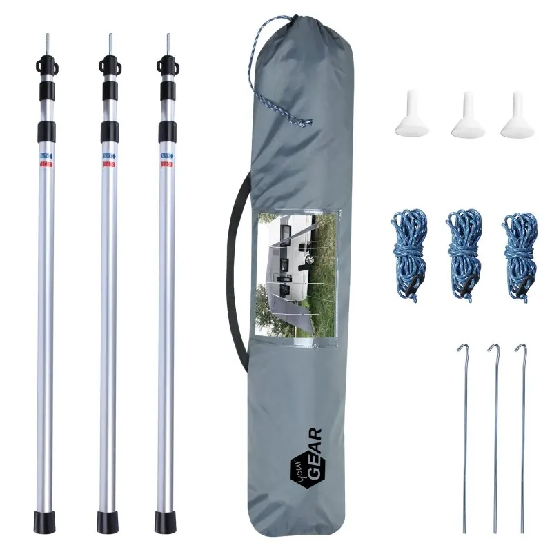 your GEAR Teramo 400 Sonnendach-Set für Wohnwagen: drei Aluminium-Teleskopstangen, graue Transporttasche, Abspannseile, Heringe und drei weiße Adapter, ideal als UV- und Wetterschutz mit Seitenwänden.