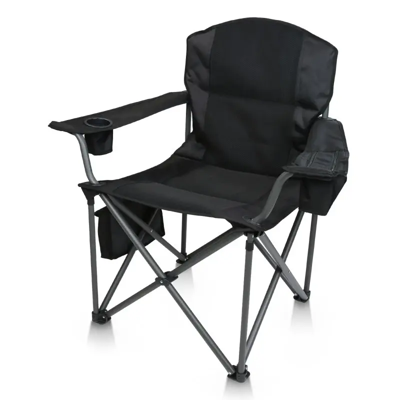 Silla de camping plegable your GEAR Fano negra, estructura robusta de metal, asiento acolchado de malla 3D, portavasos, bolsa organizadora y nevera lateral integrada, soporta hasta 250 kg.