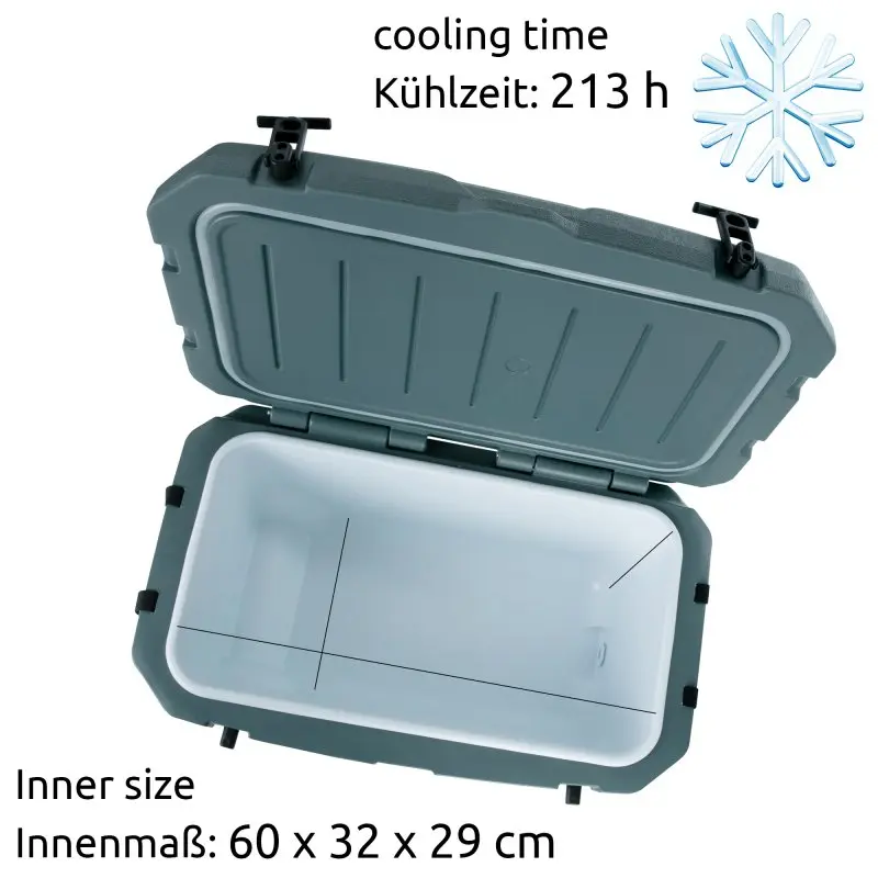 Glacière your GEAR Katmai 50L ouverte, intérieur blanc, dimensions intérieures 60x32x29 cm, durée de refroidissement 213 h indiquée, couvercle robuste gris avec fermetures, idéale pour conserver au frais.