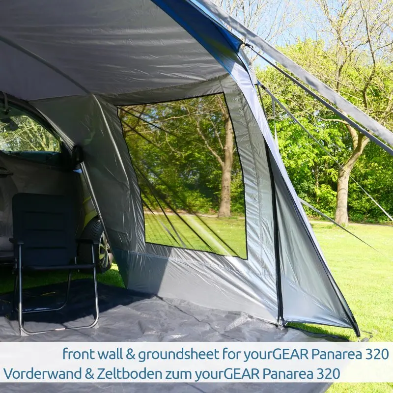 Zubehörset für yourGEAR Panarea 320: Vorderwand mit Fenster und Tür sowie Zeltbodenplane, am Busvorzelt befestigt, aus robustem 150D Oxford Polyester, Sichtschutz und Wetterschutz, Outdoor-Einsatz.