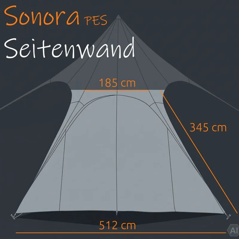Telo laterale grigio per pavillon your GEAR Sonora PES, vista frontale con cuciture verticali e misure evidenziate (512 cm base, 185 cm apertura, 345 cm angolo), materiale resistente per protezione vento/sole.