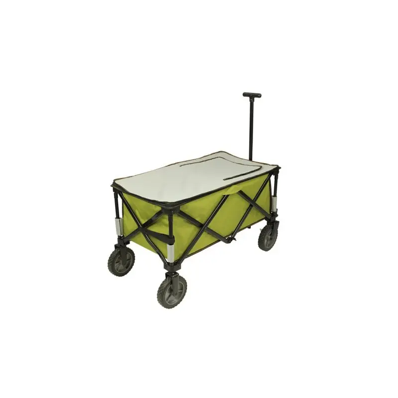 Carro plegable 10T Cooler Trolley con ruedas grandes, estructura negra, compartimento isotérmico verde y tapa gris, asa extensible, ideal para playa, picnic o camping.