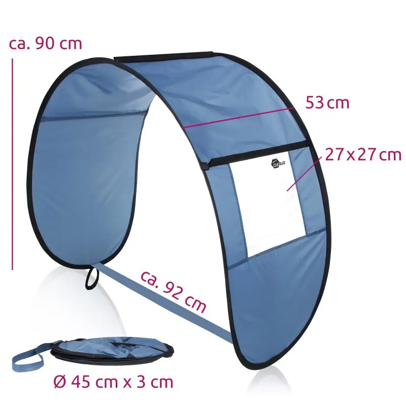 Toit pare-soleil bleu yourGEAR Pop Up Trolley Roof pour chariot, avec fenêtre de 27x27 cm, dimensions environ 90x92x53 cm, livré avec housse de transport ronde de 45x3 cm. Protection légère et pliable.