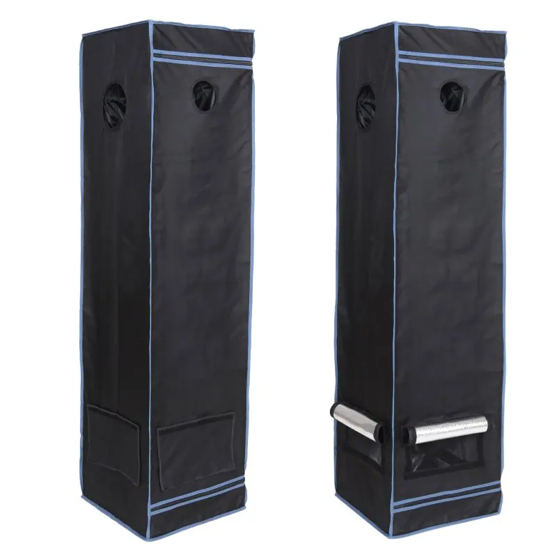 Growzelt yourGEAR Plantsville 40x40x160 cm, schwarzes Indoor Zuchtzelt mit blauen Nähten, runden Belüftungsöffnungen und Sichtfenster, geeignet als mobiles Gewächshaus für Pflanzenanzucht und Hydrokultur.