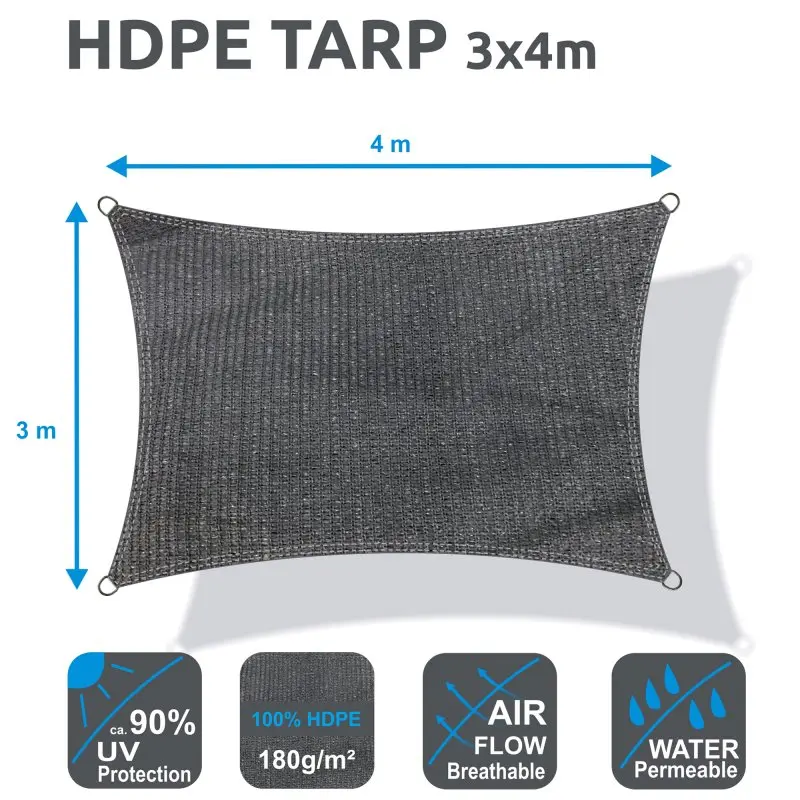 Bâche d'ombrage yourGEAR 3x4 m en HDPE gris, rectangulaire, résistante UV 90%, perméable à l'air et à l'eau, idéale pour terrasse, jardin, camping; œillets métalliques aux coins.