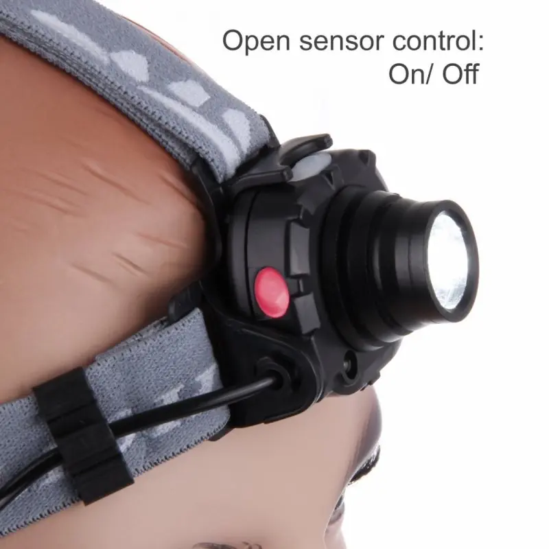 10T SHL 170 blue sensor headlamp with CREE XP-E R3 LED, 170 lumens, adjustable elastic headband, IR gesture sensor, red button, lightweight design, shown worn on head, suitable for outdoor use.