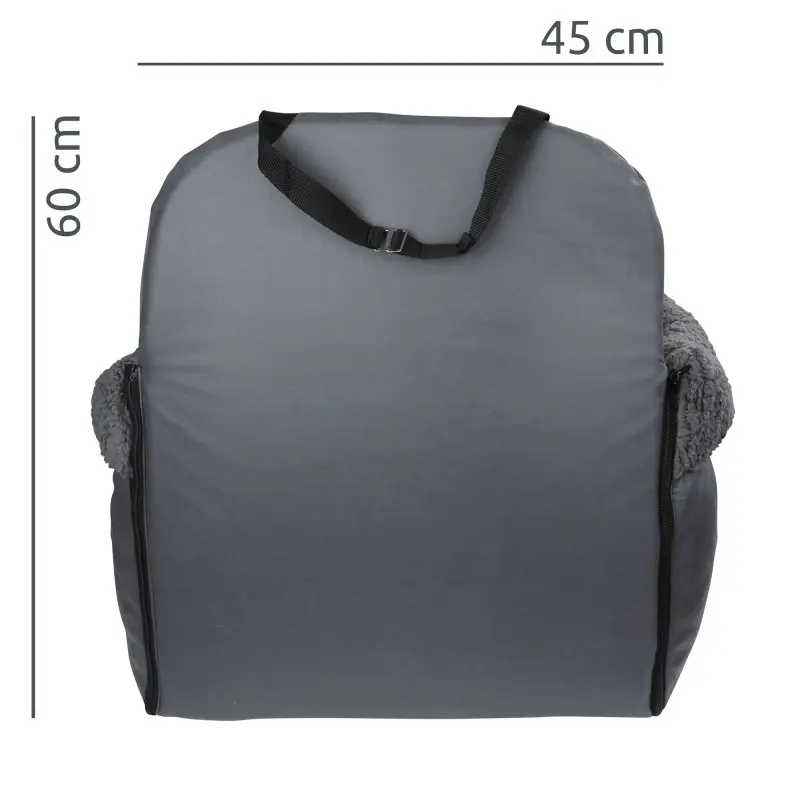 your GEAR Frontera dog car seat in grey, with high padded sides, safety strap, zippers for easy cleaning, soft inner lining, and dimensions 60 cm high by 45 cm wide, suitable for front or back seats.