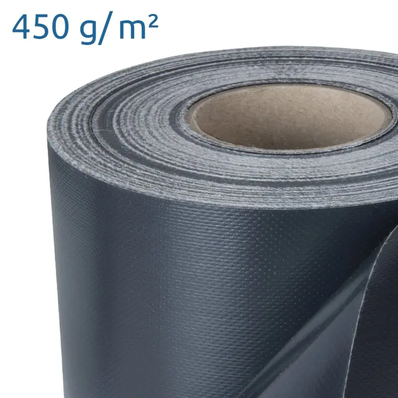 Rotolo yourGEAR Sichtschutzstreifen aus dunkelgrauem, gewebeverstärktem PVC, 50m x 19cm, Flächengewicht 450 g/m², für Einzel- und Doppelstabmattenzäune. Nahaufnahme der Materialstruktur.